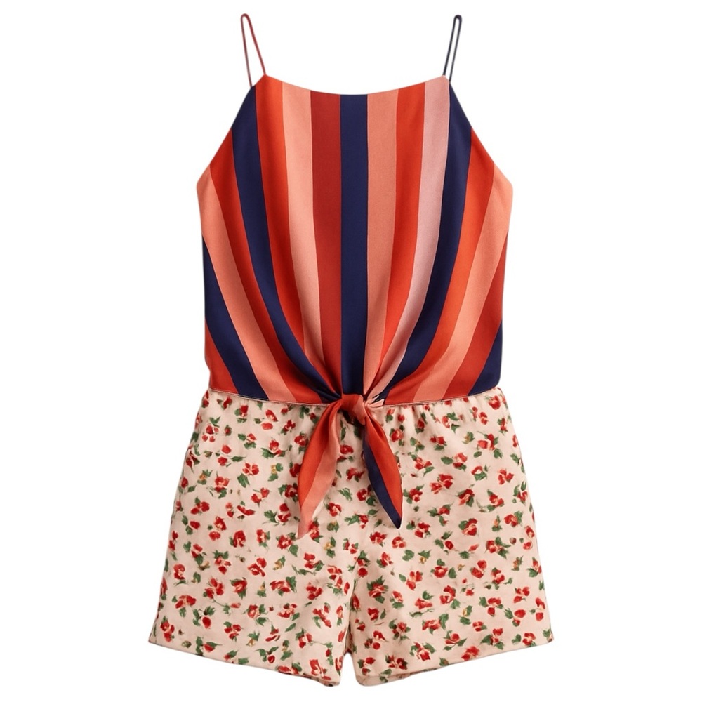 FARM Rio • Mixed Media Floral & Stripe Halter Romper • Multicolor • Size S
